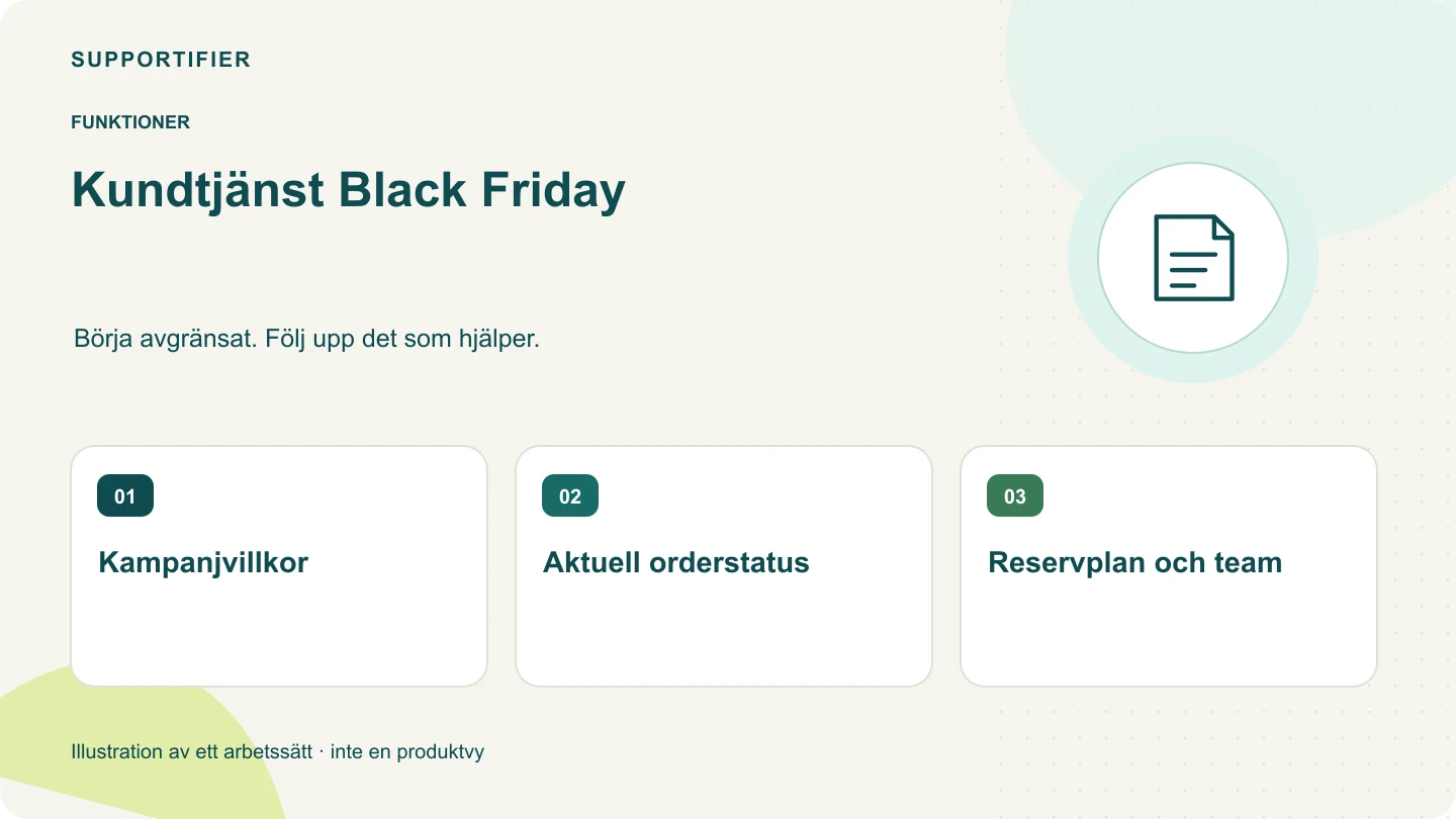 Illustrerad översikt för Kundtjänst Black Friday: Kampanjvillkor, Aktuell orderstatus, Reservplan och team.